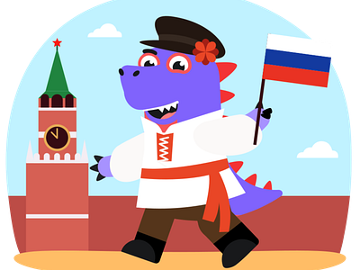 Вообразавр на красной площади character education remote learning красная площадь кремль куранты начиональный костюм образавр образование обучение россия рубаха русский язык спасская башня триколор флаг