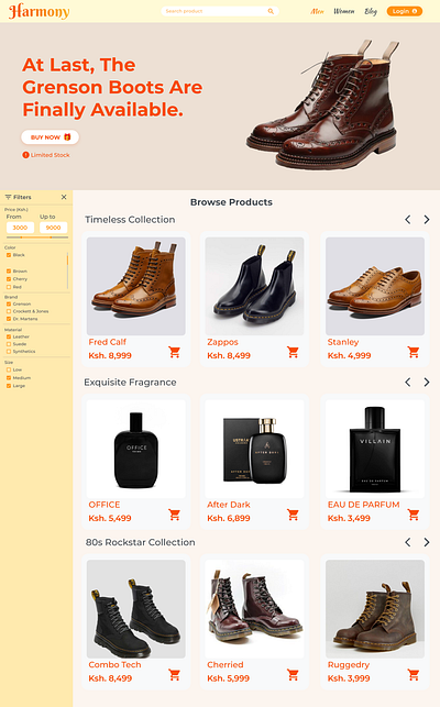 Harmony E-commerce Products List branding color design e commerce ecommerce typography ui ux web