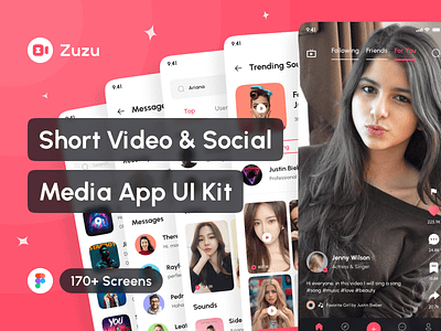 Zuzu - Short Video & Social Media App UI Kit app app design application design design system interface live streaming app messenger app mobile mockup portfolio project short video app slideshow maker app social media app tiktok ui ui design ui kit uiux