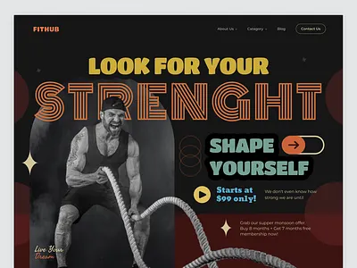 FITHUB || Homepage Hero Exploration activity body building cardio designer exercise fitness gym health hero landing page muscle strength trainer training ui ux uxui web design website workout