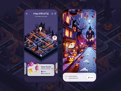 Halloween AR App for Finding Sweets 3d app application ar design development figma graphic design halloween map sweets ui uxui vr