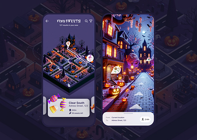 Halloween AR App for Finding Sweets 3d app application ar design development figma graphic design halloween map sweets ui uxui vr