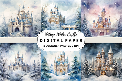 Vintage Winter Castle Digital Paper tumbler wrap