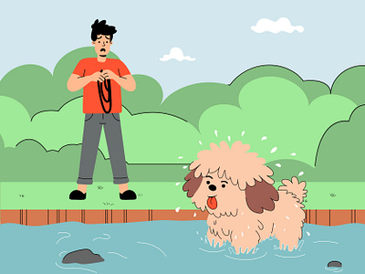 Dog Playing in the Pond Illustration angry person cute dog cute illustration dog dog illustration fluffy fluffy dog free illustration freebie pond puppy vector art vector illustration
