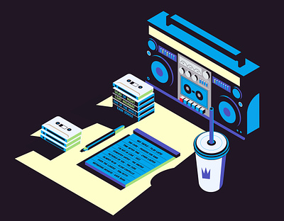Midnight Mix-Tapes blaster cassette tape cold cup dark colors iso isometric memo pad night still life retro music stereo