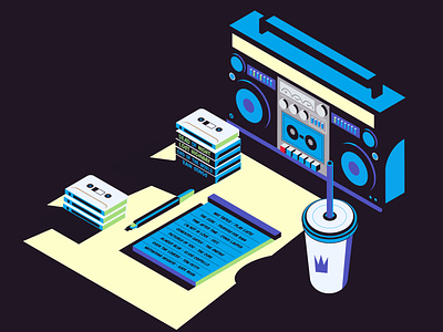 Midnight Mix-Tapes blaster cassette tape cold cup dark colors iso isometric memo pad night still life retro music stereo