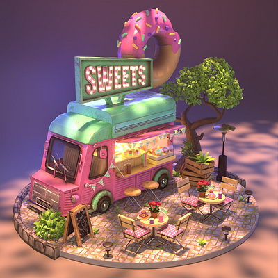 3d model of donut truck 3d 3dartist 3dblender 3dillustration 3dmodel blender cute donut foodtruck illustration pink