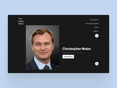 The Nolan Effect landing page christophernolan cinema dark darkmode director filmwebsite landingpage layout minimal navigation ui ux webdesign website