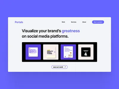 Social media agency landing page agency blue button cards cta dailyui landingpage minimal playful showcase socialmedia ui ux webdesign website websitedesign whitemode whitespace