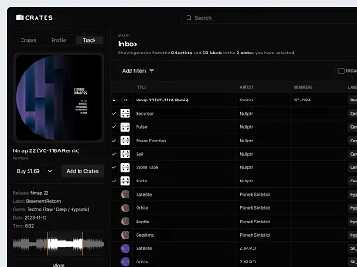 Side-panel — Track details beatport cover art dark details information music music software music store panel product design side panel store tabs track waveform