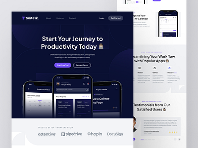 TunTask - Task Management Landing Page branding collaboration design desktop features hero interface landing page management mobile app product productivity project schedule services task team user interface web design website