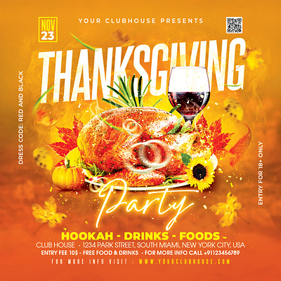 Thanksgiving Flyer autumn branding club club flyer club party dinner party event facebook post holiday holidays instagram logo pumpkin dinner social media post thanksgiving thanksgiving 2023 thanksgiving dinner thanksgiving party turkey party usa holiday