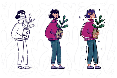 girl with plant 2d cartoon style design human illustration web illustration