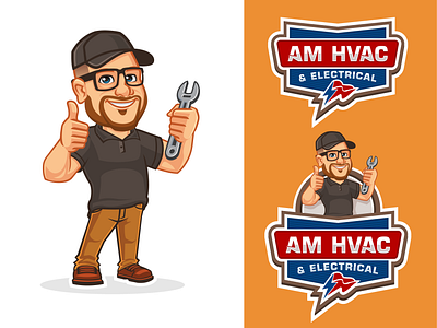 AM HVAC and Electrical Logo and Mascot Design air conditioning brand identity package branding cooling electric electrical fun logo heating logo design mascot mascot character mascot design mascot logo playful logo plumbing technician