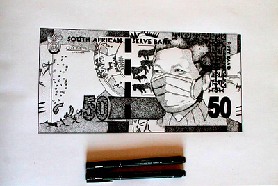 State Of The Nation artwork covid illustration illustrator ink mandela mask micron money notes oudtshoorn pointillism southafrica