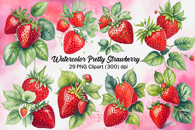 Watercolor Pretty Strawberry berry fruit