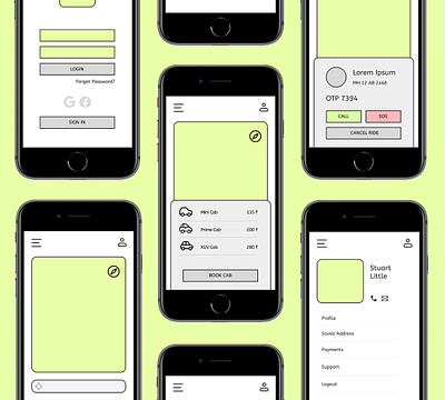 Cab Booking App Wireframe cab booking wireframes cabs figma iphone 8 ola ola cab rough design uber uber cab ui wireframes wireframes of cab