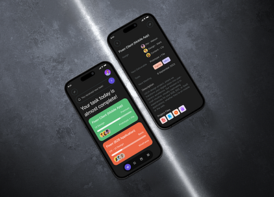 Task Management & Freelance Dashboard: A Sleek Mobile App Design clean design dark mode dark ui freelance mobile app managing app menu minimal design mobile app task app ui view screens