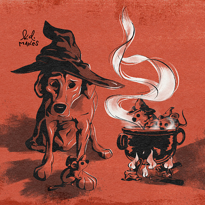 Day 31 - Fire | Inktober 2023 autumn book brew cauldron child dog fall fire halloween illustration ink inktober kid lit mouse october smoke spooky texture witch