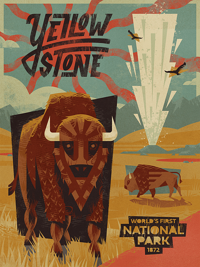 Yellowstone Poster bison buffalo custom geometric grunge illustrator national park national parks ol faithful photoshop poster shapes texture typography usa yellowstone