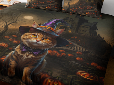 Witchy Cat Halloween Bedding Design 3d bedding design duvet graphic design halloween halloween villa home apparel manipulation pod print on demand print product scary cat scary design scary pumpkin shopify witch cat