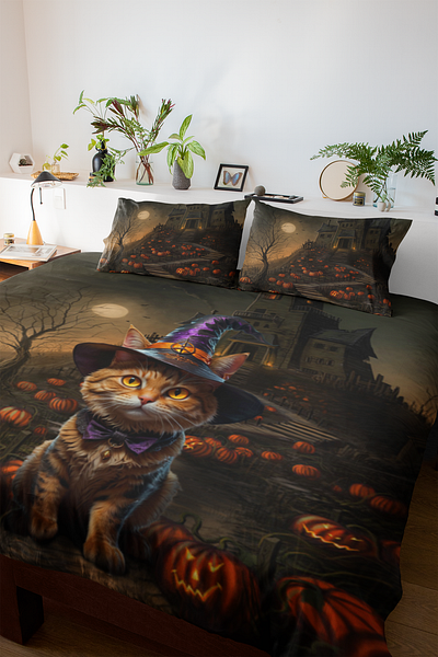 Witchy Cat Halloween Bedding Design 3d bedding design duvet graphic design halloween halloween villa home apparel manipulation pod print on demand print product scary cat scary design scary pumpkin shopify witch cat