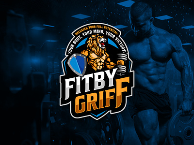 FitbyGriff Logo Design beast beast logo fitness fitness logo lion lion logo muscles muscular muscular lion shield logo weights