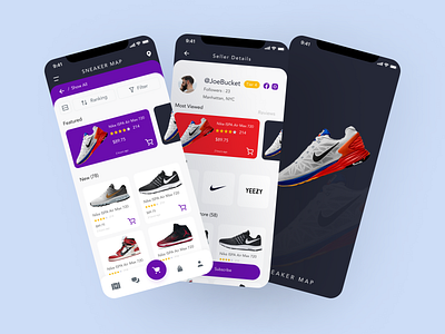 Sneaker Map App Design UX/UI application branding design display figma font graphic design mobile mobileapp mockup purple shoe size ui ux