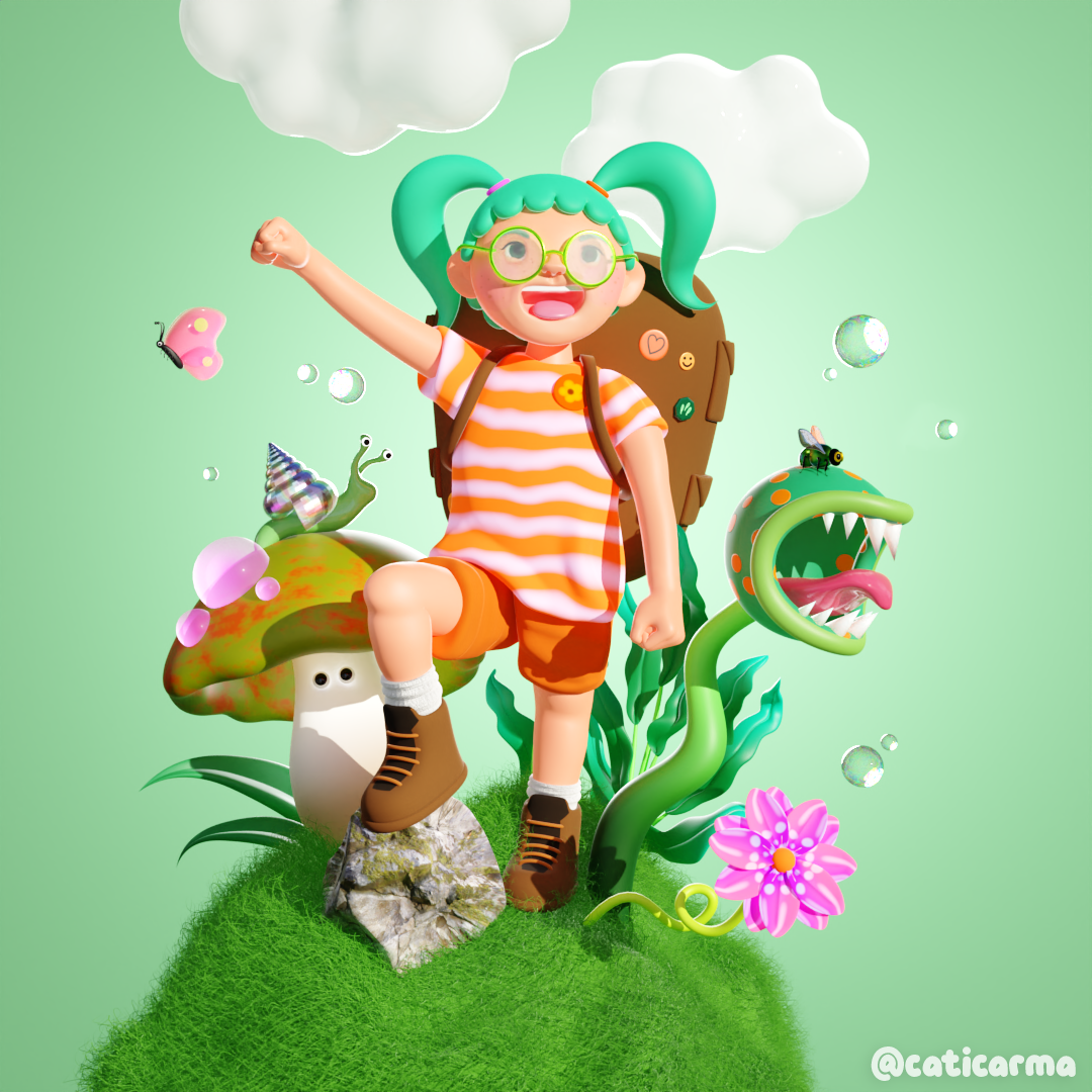 Happy Scout 3d 3d art 3d character 3d design 3d girl 3d illustration 3d illustrator 3d modeling 3d mushroom 3d scout 3d snail 3dcarnivorous plant berlin 3d blender blender 3d character design colorful cute illustration kawaii