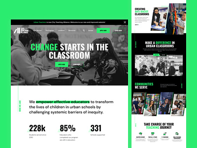 City Teaching Alliance :: Homepage black black and white branding education green homepage icons layout non profit organization school stats teachers ui ux