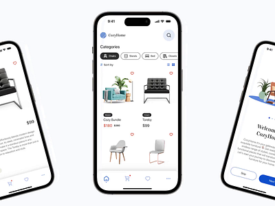 CozyHome - Furniture shop application app app design application application design chairs design flat design furniture material mobile mobile app mobile application motion graphics onboarding ui ux