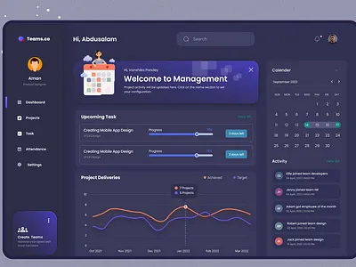Dark mode Task Management Dashboard dark mode dashboard designer graphs landing page task management team ui ui designer ui ux ui ux designer