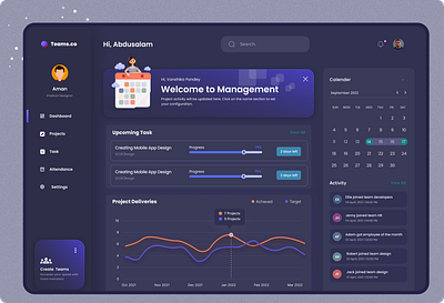 Dark mode Task Management Dashboard dark mode dashboard designer graphs landing page task management team ui ui designer ui ux ui ux designer