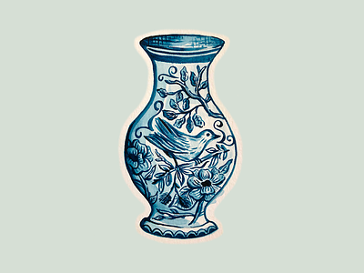 Delft Vase Illustration bird botanical delft delft blue delft painting floral floral vase vase watercolor