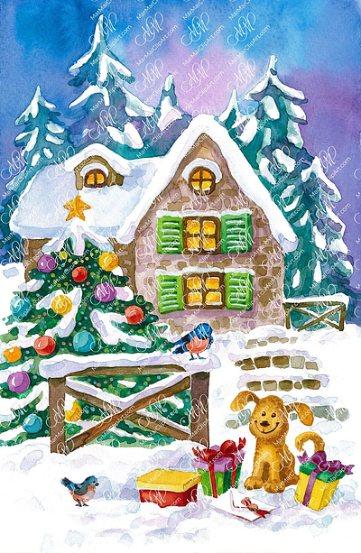New Year's village with Christmas Tree, gifts and dog christmas christmas card christmas decoration christmas illustration christmas scene christmas village graphic design instant download new year cards packaging design watercolor illustration winter scene winter village