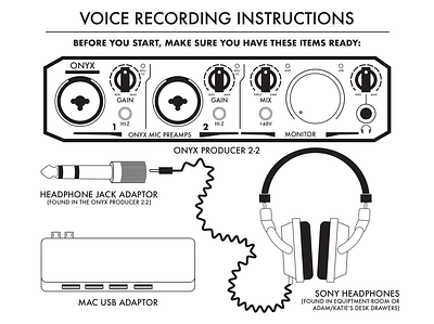 Voice Recording Instruction Illustrations audio interface branding design graphic design headphones illustration illustrator instruction microphone midi music onyx producer recording sony sony headphones studio vector vintage illustrations voice over