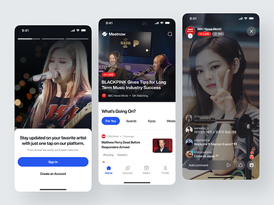 Meetnow - News Mobile App app design article articles black blog blue clean design feed home page light mode minimalist mobile mobile app mobile design newsfeed streaming ui ux white