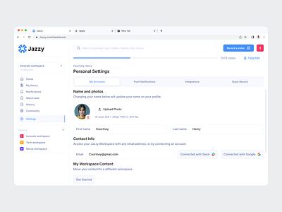 Jazzy - Personal settings - my accounts app cansaas clean contact dashboard design interface loom minimal product saas setting software system technology ui ux web design website workspace