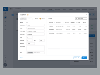 Charges UI Modal (B2B) charges component job management material design modal mui react product design saas ui ux web app