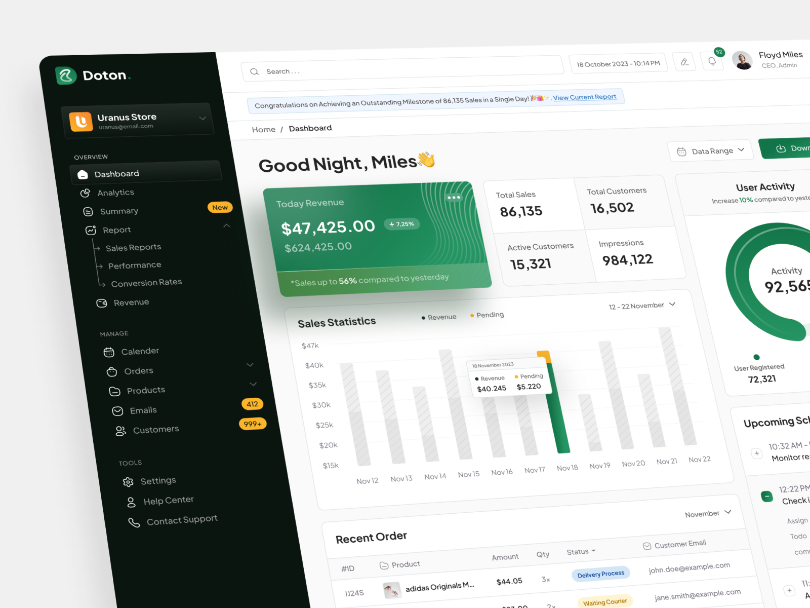 Doton - CRM Sales Dashboard 💻 crm dashboard design dashboard sales design minimal saas simple design ui ui design uiux website