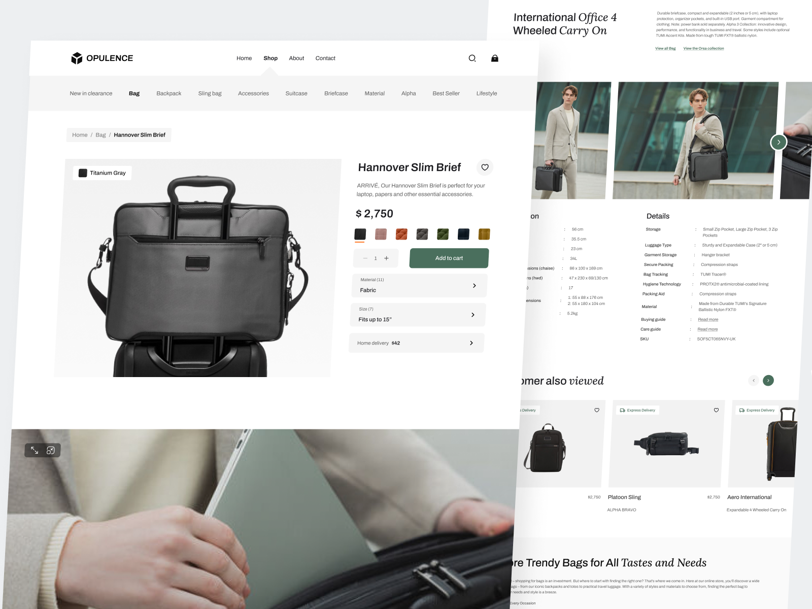 Opulence - Luxury Bag Product Page bag bag e commerce bag shopping e commerce eccomerce website design elegant bag executive bag executive brand landing page luxury bag luxury bag shopping luxury brand office bag online shop premium bag professional bag shopify stylish bag tumi voila
