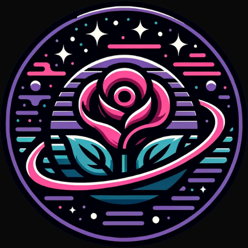 Neon-colored rose with surrounding celestial elements on a black backdrop. Keywords: cosmic, neon ro
