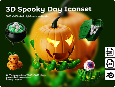 3D ICON SPOOKY DAY 3d 3ddesign 3delement 3dicon 3drender blender design graphic design green halloween icon iconset lowpoly night orange render spooky uiux website