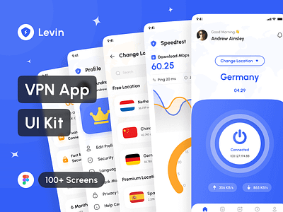 Levin - VPN App UI Kit app app design application design design system figma inspiration interface mobile mockup portfolio project speedtest app ui ui design ui kit uiux uxui virtual private network vpn app