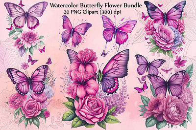 Watercolor Butterfly Flower Bundle clip art