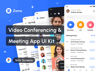 Zomo - Video Conferencing & Online Meeting App UI Kit app app design application design design system interface messenger app mobile mockup online meeting app portfolio productivity app project teams app ui ui design ui kit uiux video conference app video conferencing app