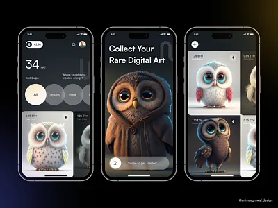NFT Mobile App ai ar blockchain collectibles crypto custom nft dashboard futuristic list midjourney minimal mobile app mobile app design nft nft app splash tabs vr