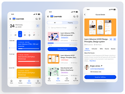 Video Course UI for eLearning Platform app calendar clean course design detail edtech elearning list menu platform profile progress student ui user progress ux video course video course detail video course list