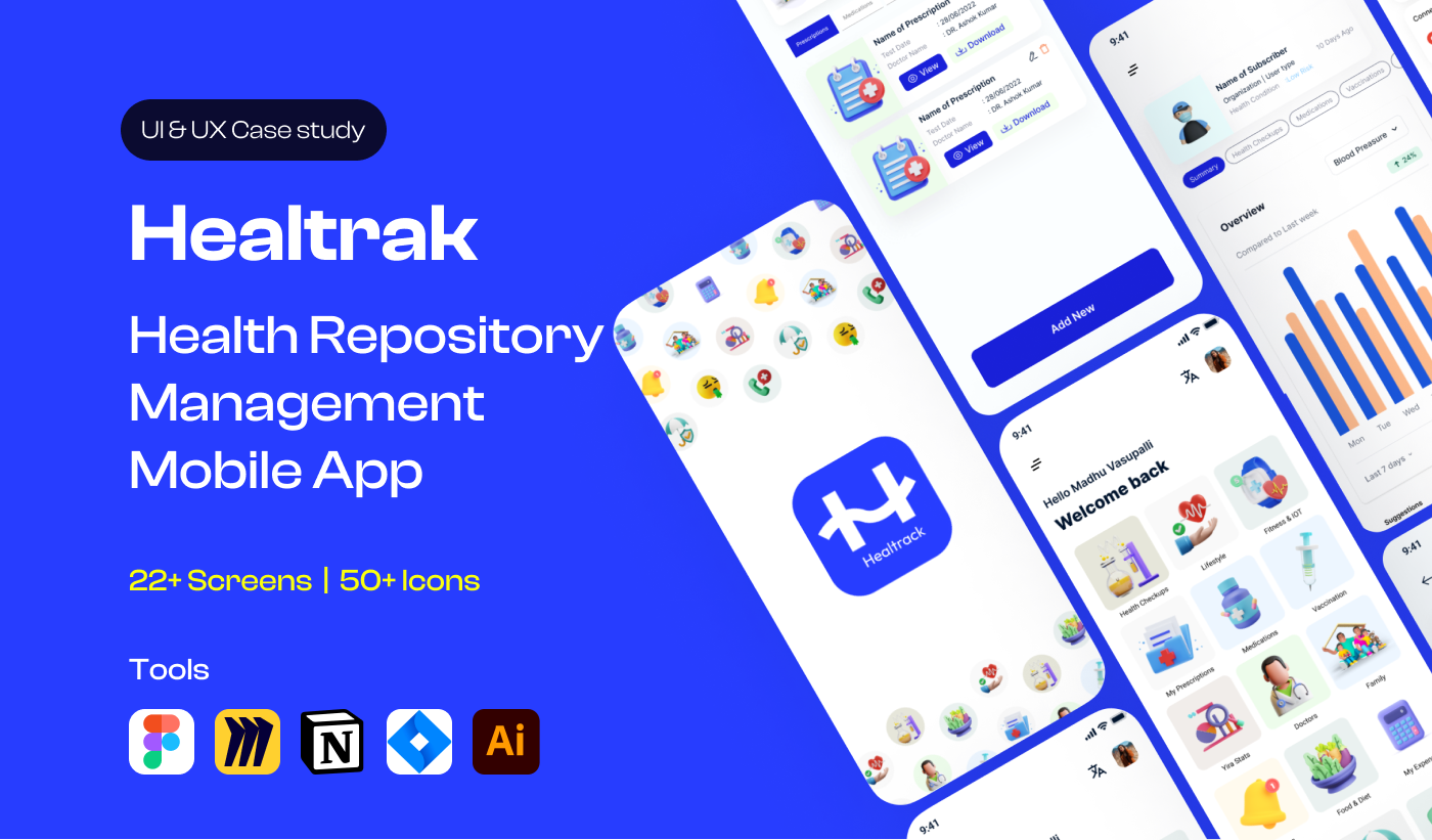 Healtrak Mobile App - Health Data Management Case Study app branding casestudy design doctor figma health mobile ui ux