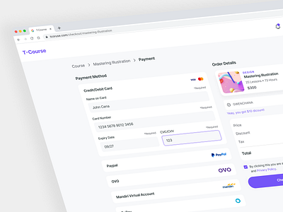 T-Course - Online Course Dashboard Checkout Page billing cart checkout course dashboard dashboard design e course ecourse edtech elearning lms online course order payment product design saas ui webapp website